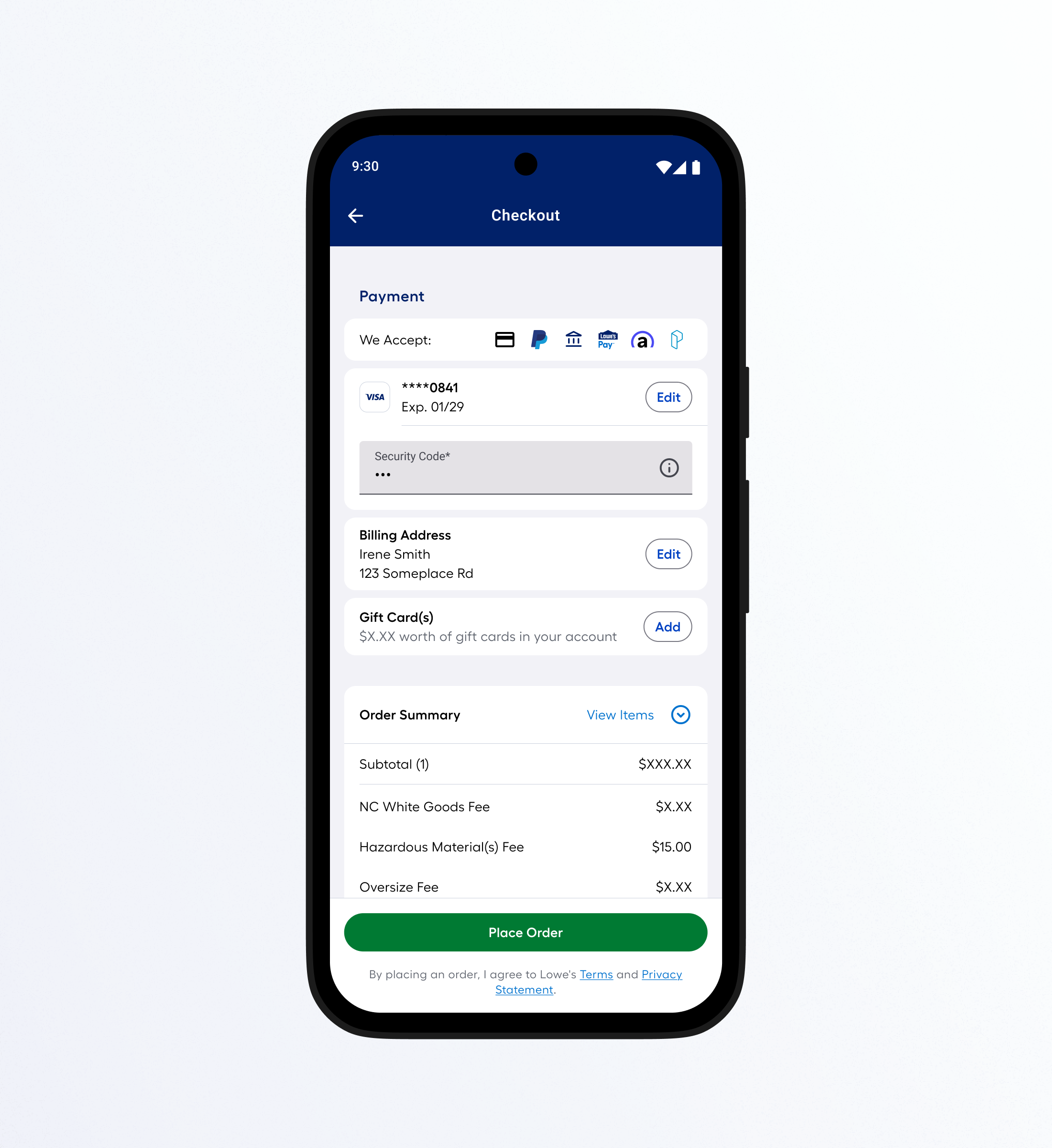 Android payment screen