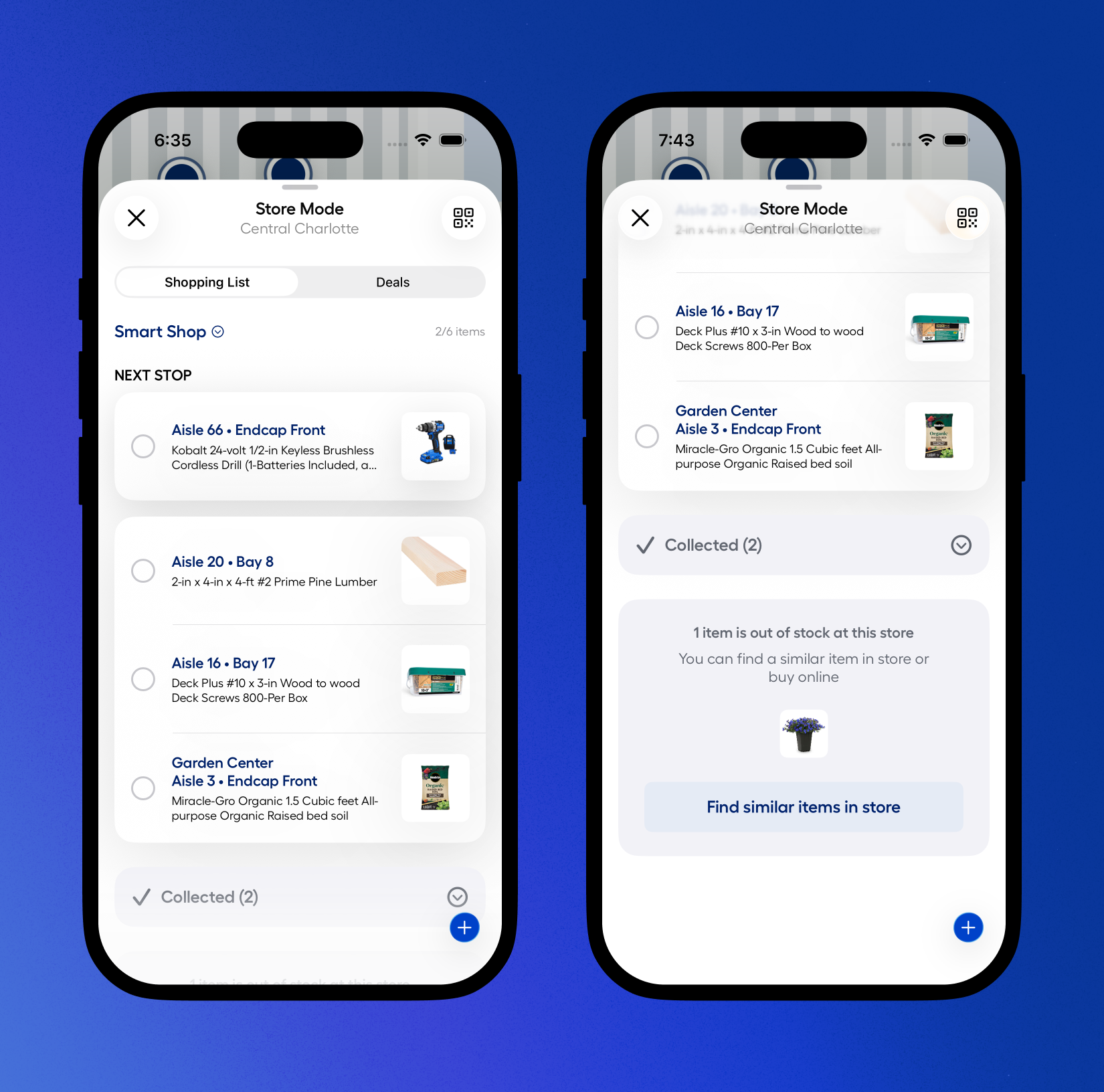Shopping List screens showing the next stop, item locations, and an in-store alternative for an out-of-stock item