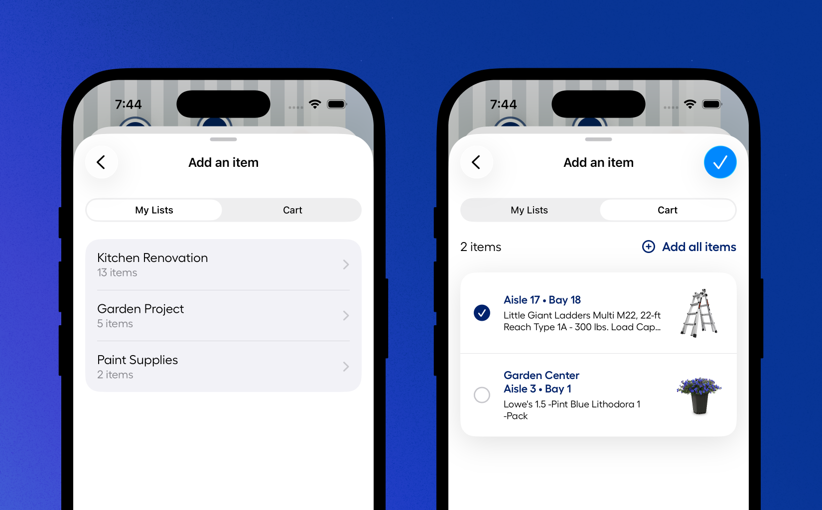 Add an item screens showing saved lists and a cart with aisle and bay locations for each item