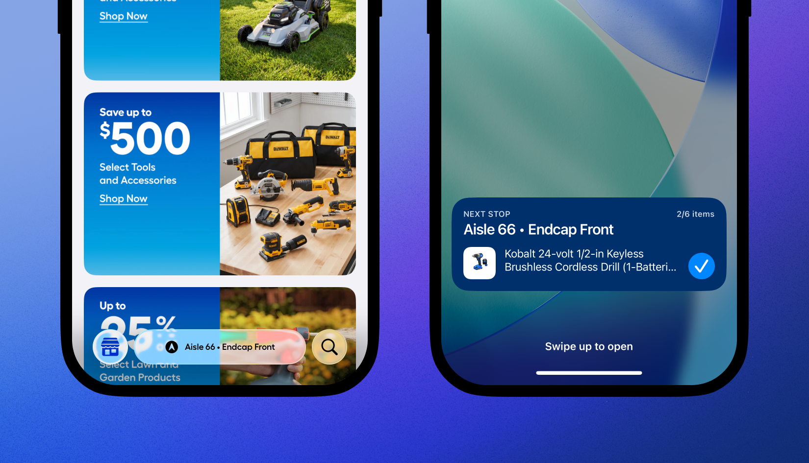 Home screen with promotions and a Next Stop card guiding the shopper to the next item
